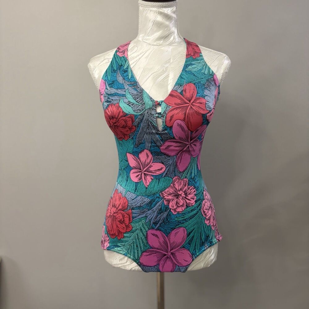 VTG Maxine of Hollywood Swimsuit Sz 12 Floral One-Piece Rockabilly Pinup USA